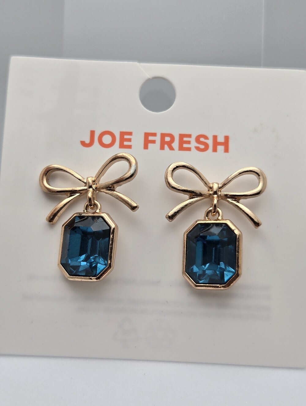 ✨2/$10✨ Joe Fresh Gold Tone Bow Earrings Blue Crystal Dangle Earrings New 1”